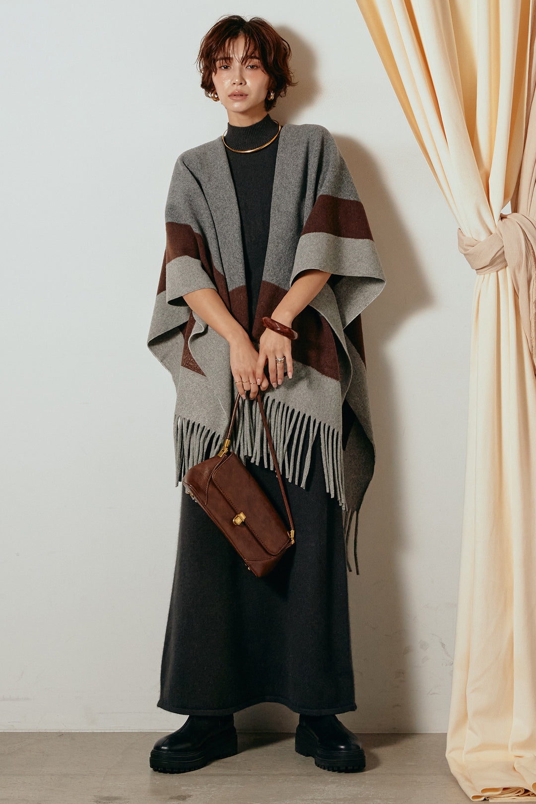 [SET]裾フリンジ柄ポンチョアウター+ノースリーブニットロングワンピース(2set)