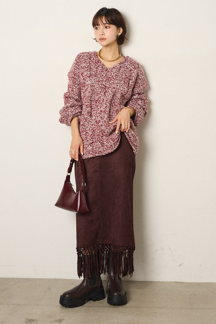 [SET]Vネックミックス編みニットトップス+スウェードライク裾フリンジスカート(2set)
