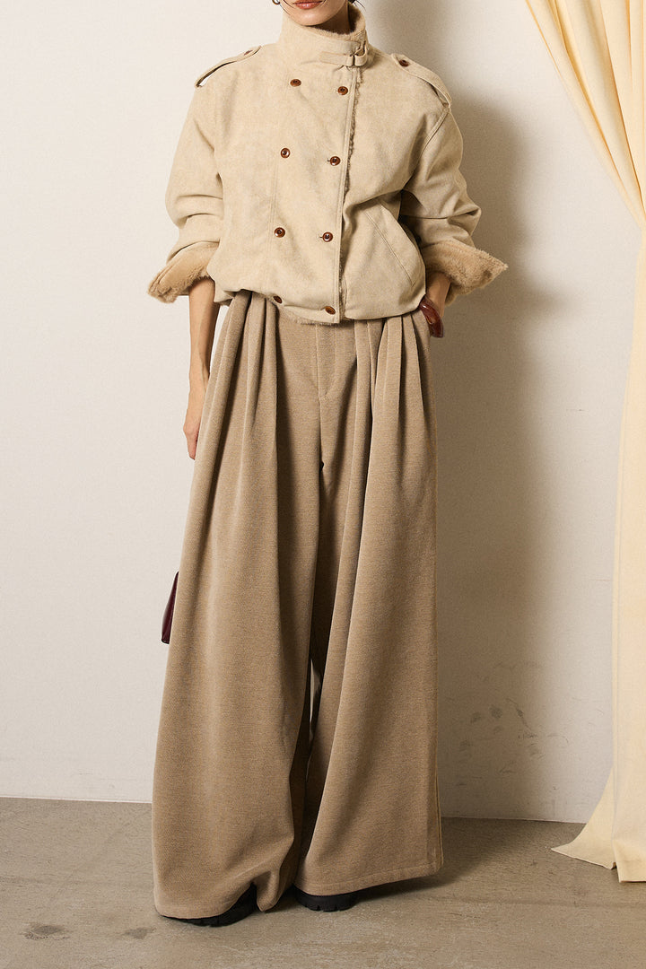 [SET]スタンド襟スウェードライクアウター+ベルトループコーデュロイワイドパンツ(2set)