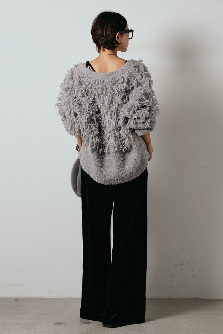 [SET]ループ編みVネックニットカーディガン+ベロアサスペンダー付きパンツ(2set)