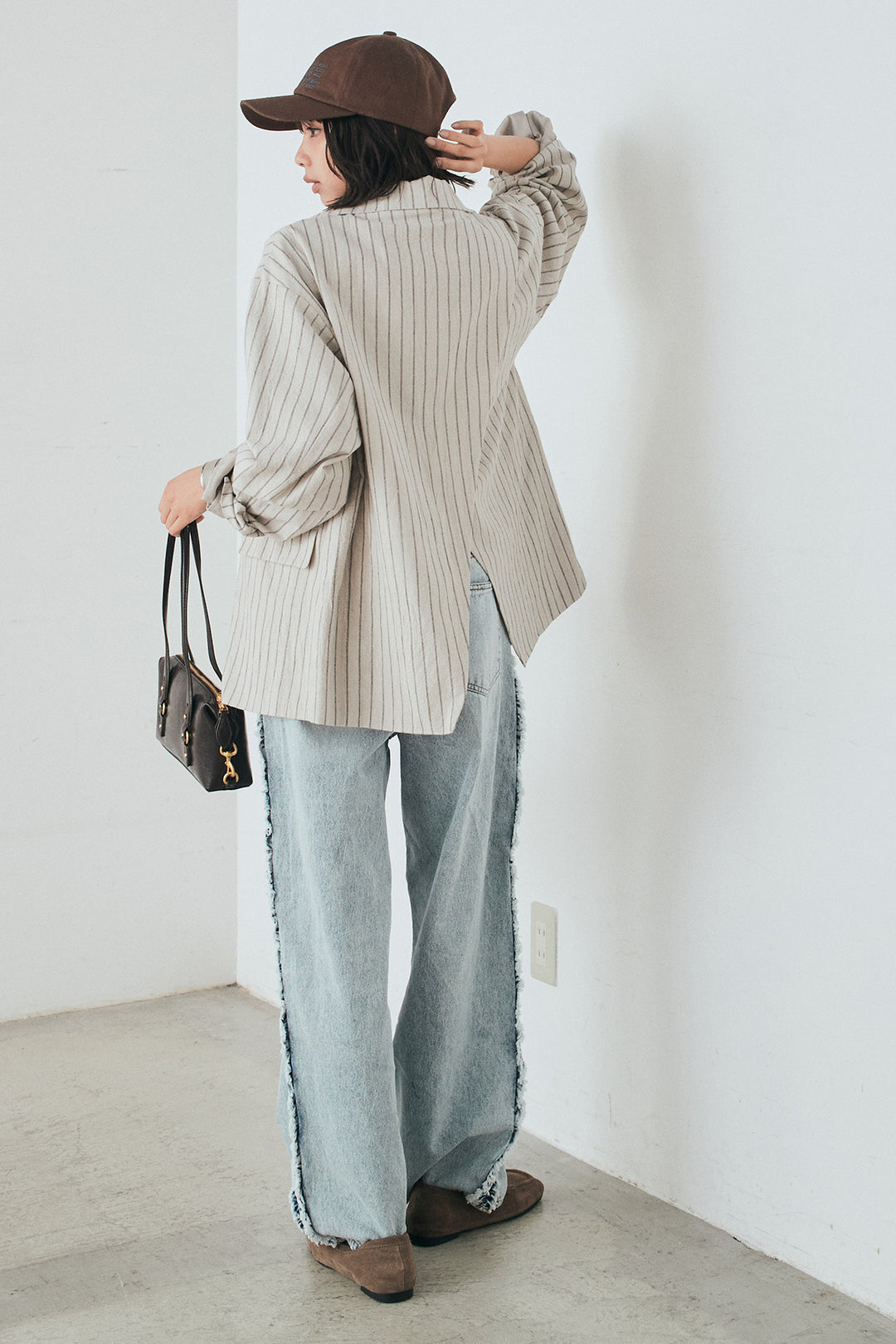 [SET]リネンライクストライプテーラードジャケット+デニムサイドフリルパンツ(2set)