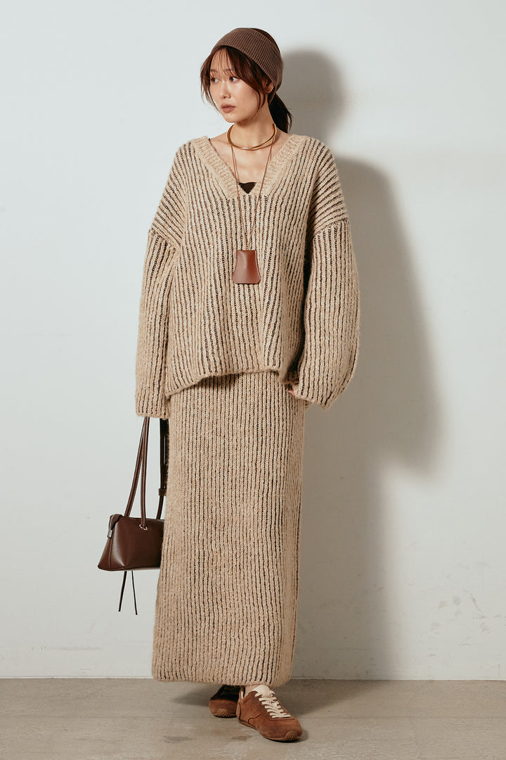 [SET]アルパカタッチ深Vニットトップス+アルパカタッチニットタイトスカート(2set)