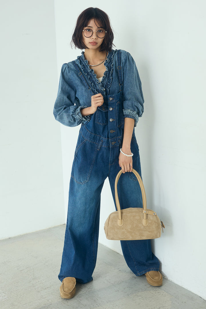 [SET]Vネックデニムフリルトップス+デニムサロペットワイドパンツ(2set)