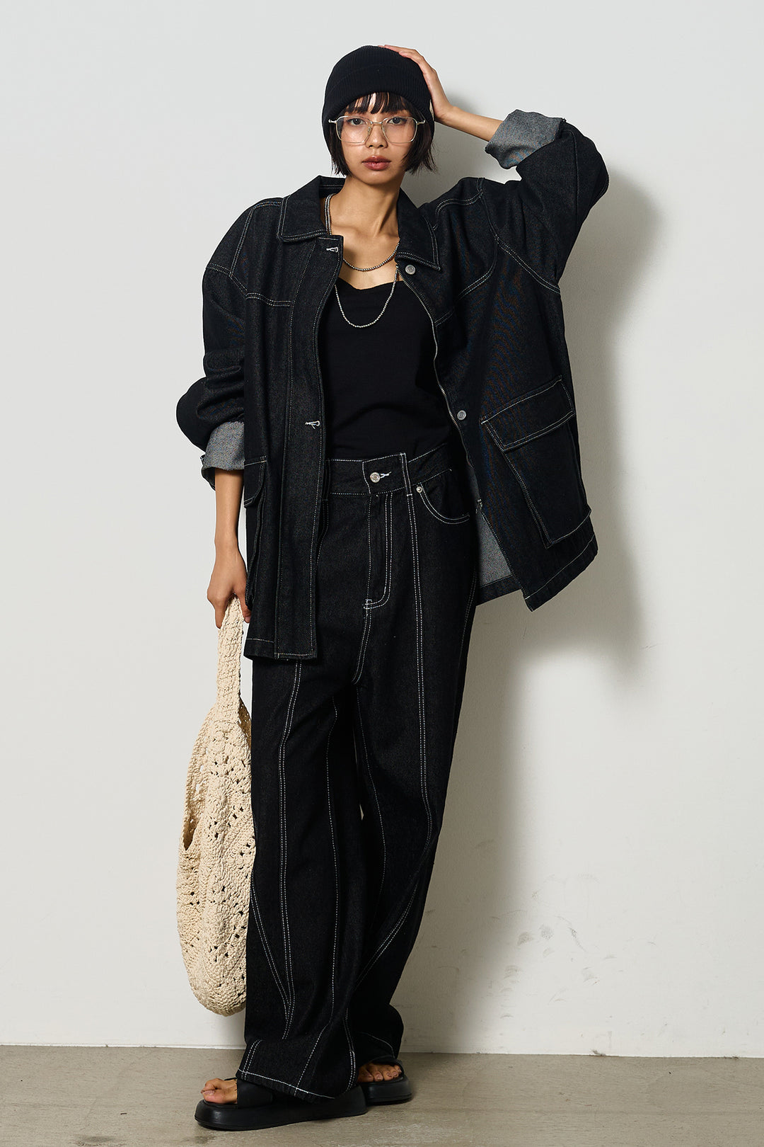 【即納】ステッチデザインデニムジップジャケット