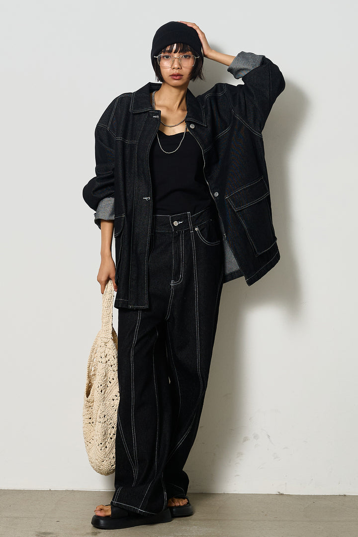 【即納】ステッチデザインデニムジップジャケット