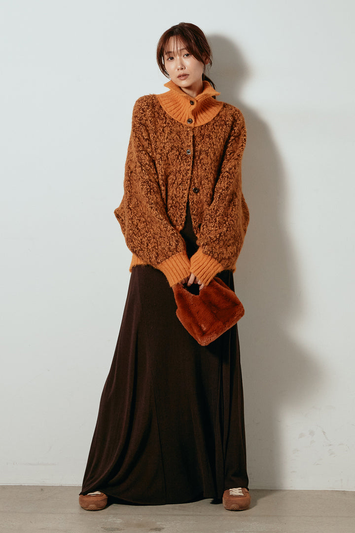 [SET]ハイネックミックスニットトップス+サイド切り替えリブニットロングスカート(2set)