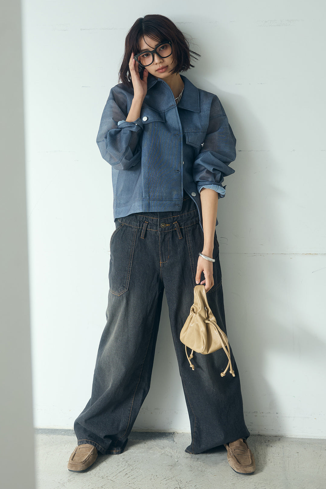 [SET]デニム風シアーダンボールジャケット+デニムサロペットワイドパンツ(2set)