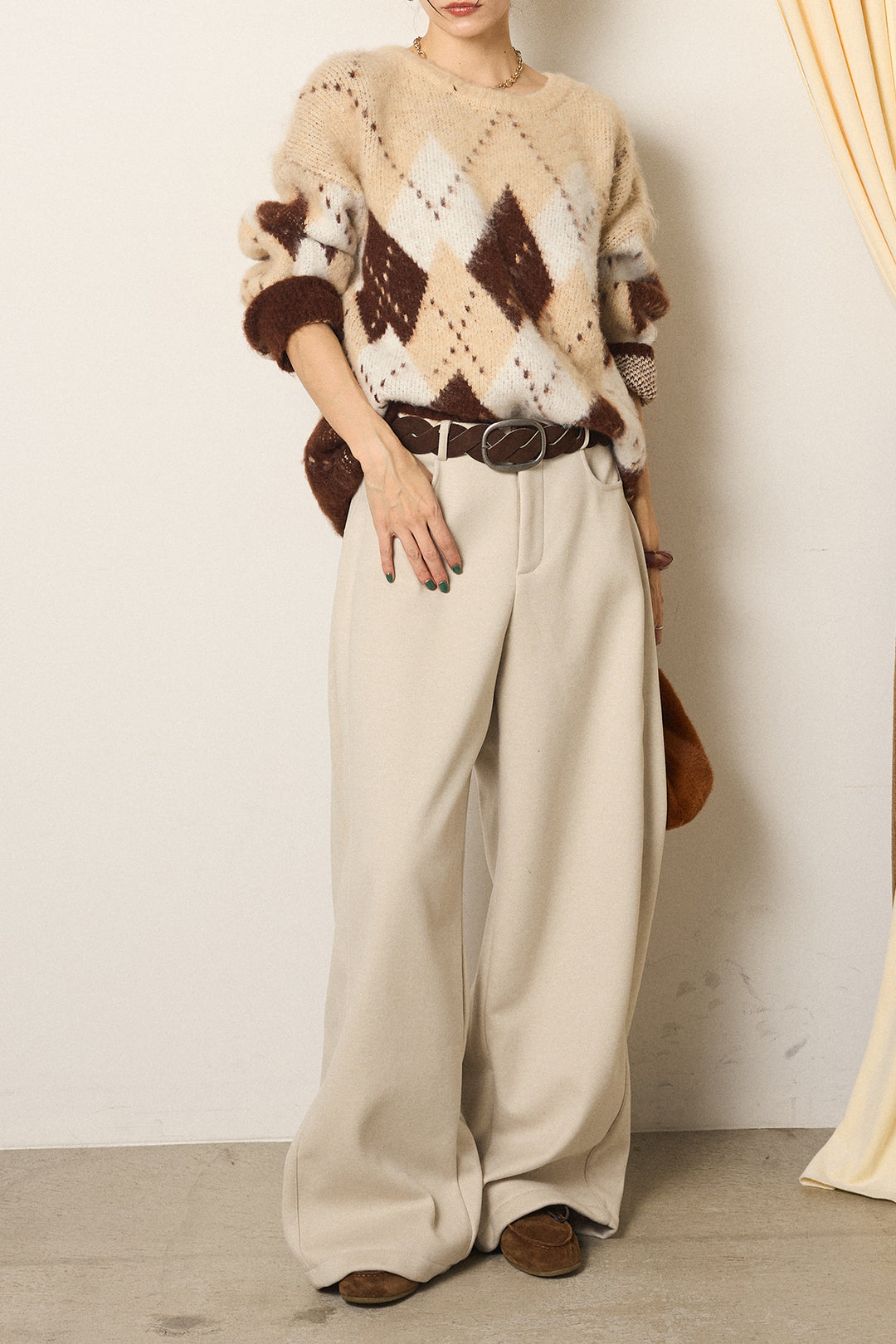 [SET]配色アーガイル柄ニットトップス+編みベルト付きワイドパンツ(2set)