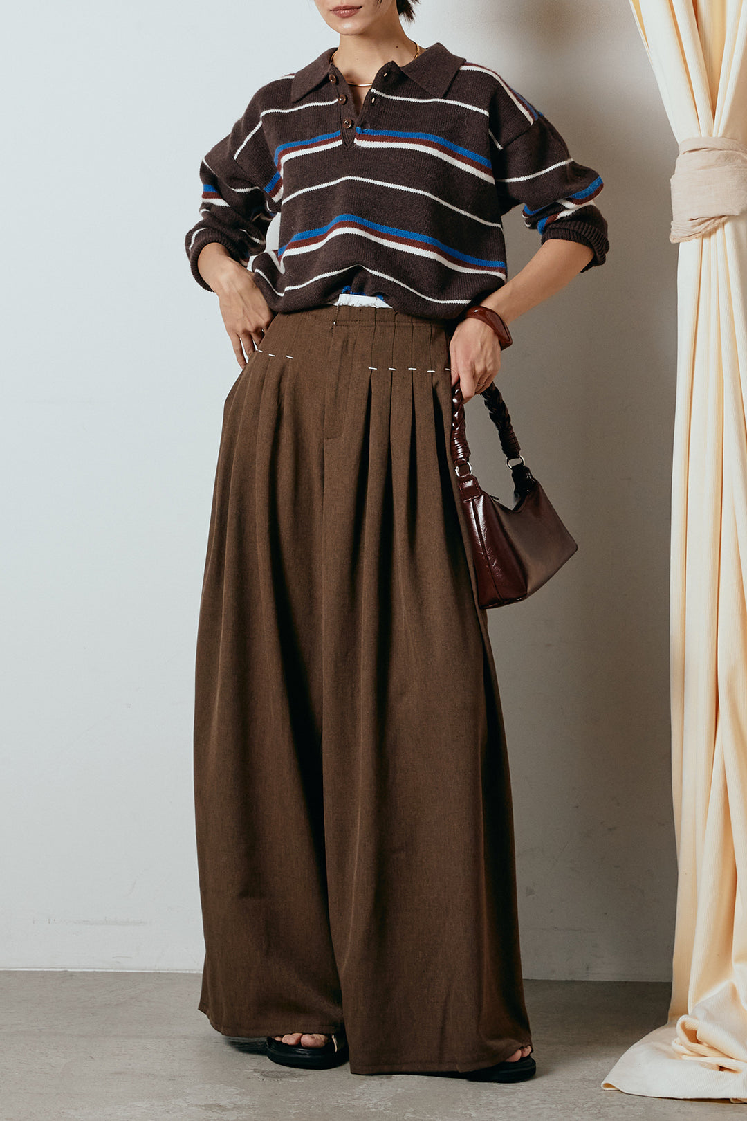 [SET]襟付きマルチボーダーニットポロトップス+ウエストステッチデザインワイドスラックス(2set)