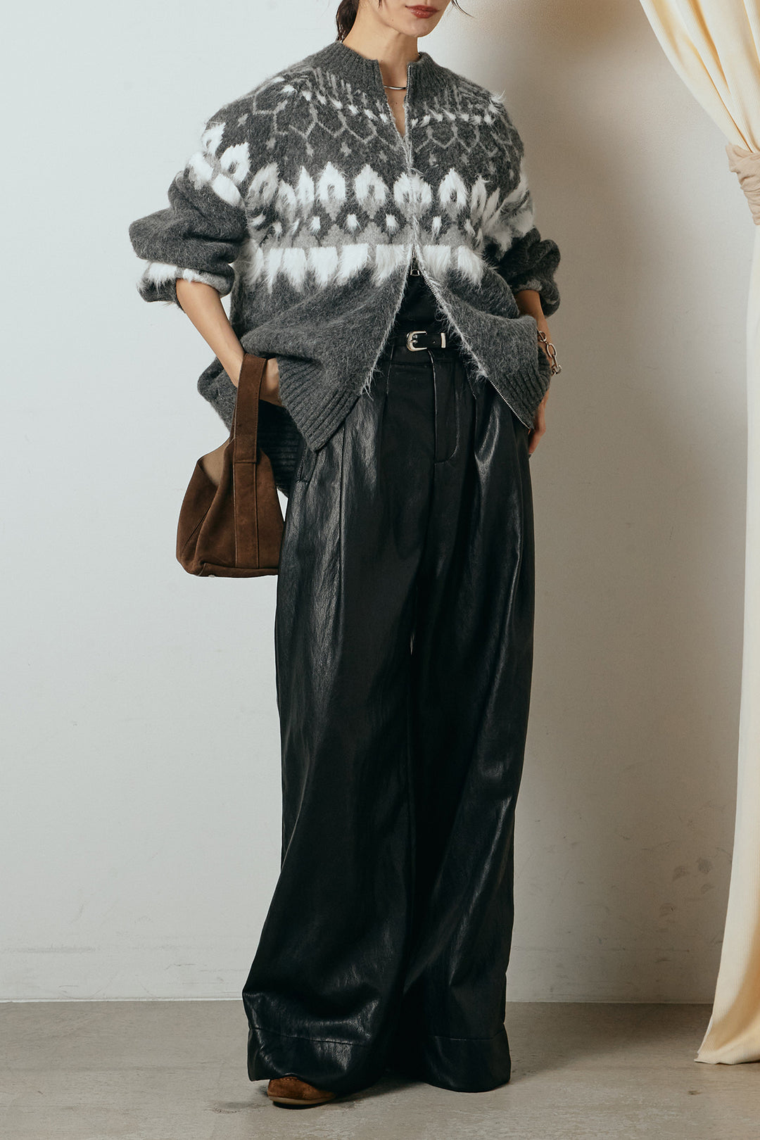 [SET]起毛ダブルジップパターンニットカーディガン+ベルト付きレザーライクタックパンツ(2set)
