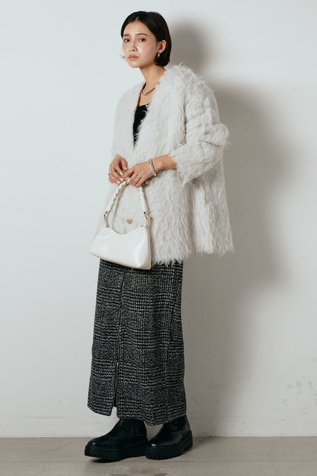 [SET]ウェーブシャギーニットジャケット+グレンチェック柄フロントジップタイトスカート(2set)