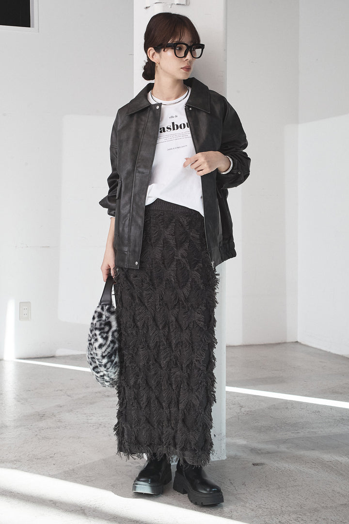 [SET]レザーライクオーバーサイズブルゾン+カットフリンジニットタイトスカート(2set)