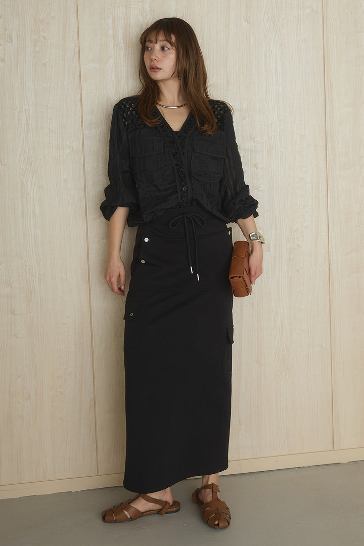 [SET]異素材切替シアーメッシュカーディガン+ドットボタン付きカットタイトスカート(2set)