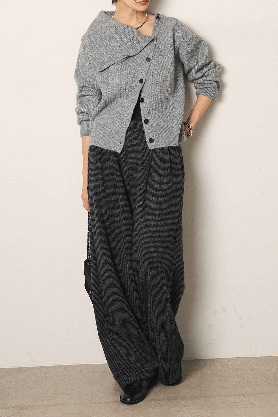 [SET]ボタンデザインネックニットプルオーバー+起毛タック入りツイードワイドパンツ(2set)
