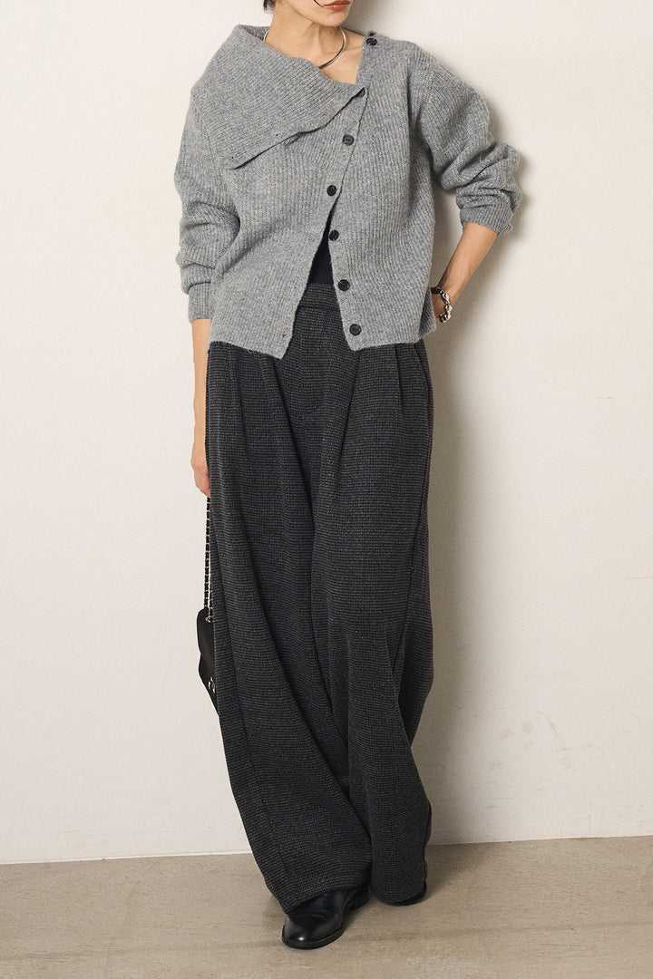 [SET]ボタンデザインネックニットプルオーバー+起毛タック入りツイードワイドパンツ(2set)