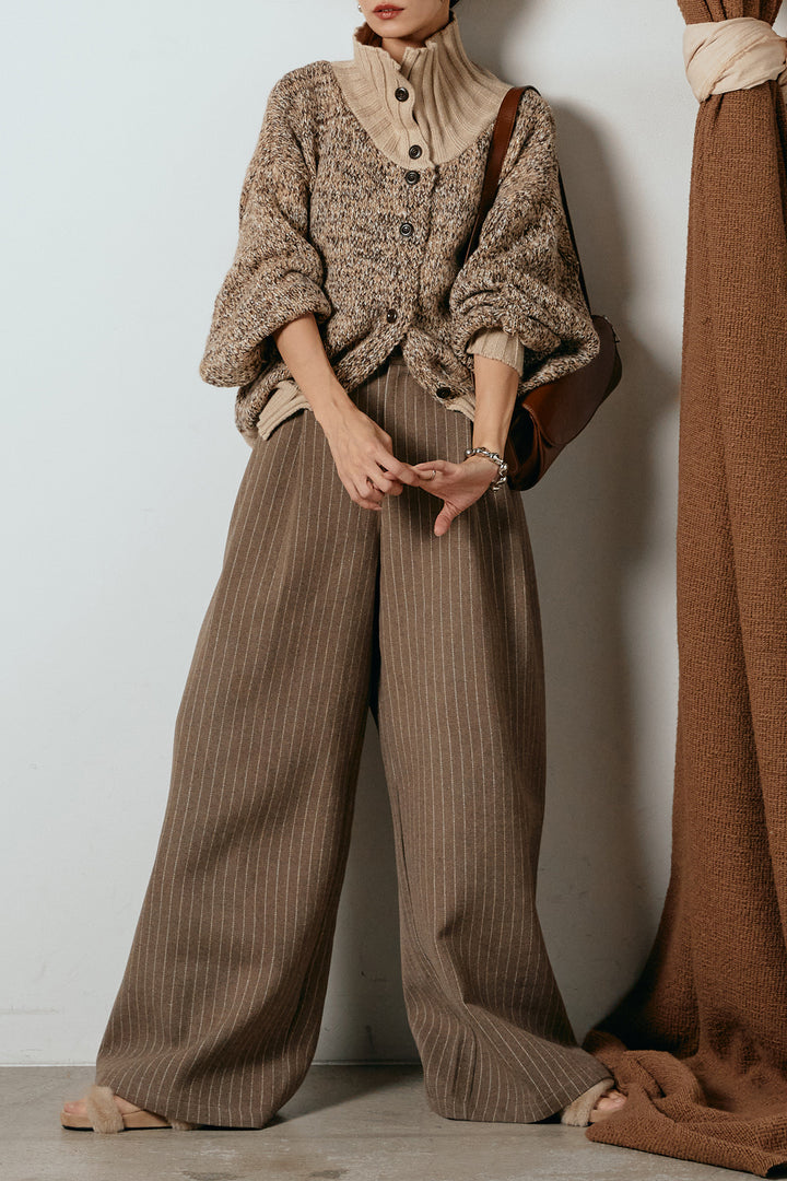 [SET]ハイネックミックスニットカーディガン+ウールライクストライプパンツ(2set)