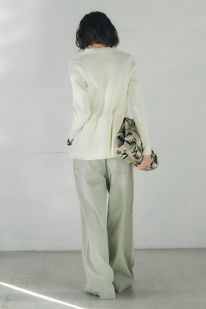 [SET]スキッパーペプラムニット+ウエスト裁ち切りデニムワイドパンツ(2set)