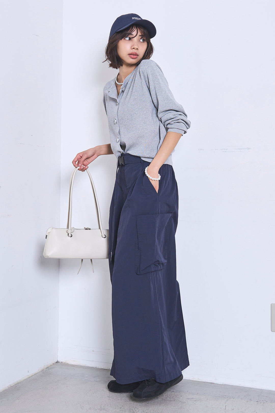 [SET]リサイクルポリニュアンス釦カーデ+撥水加工ナイロンスカート(2set)