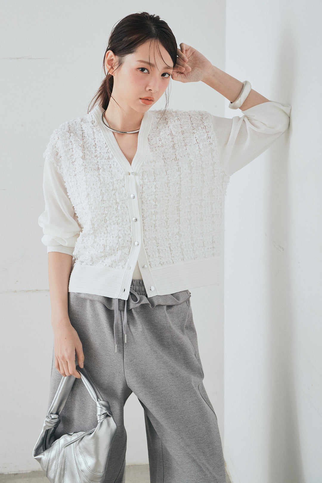 [SET]モコレースVネックカーディガン+カットダンボールウエストフリルカーブパンツ(2set)