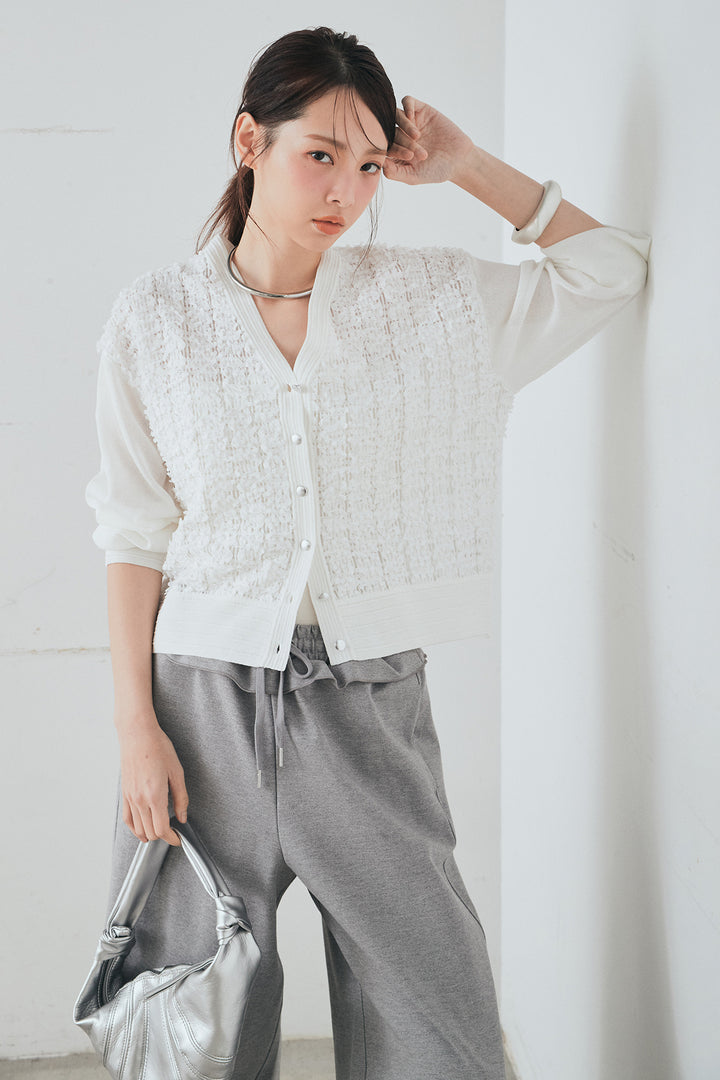 [SET]モコレースVネックカーディガン+カットダンボールウエストフリルカーブパンツ(2set)
