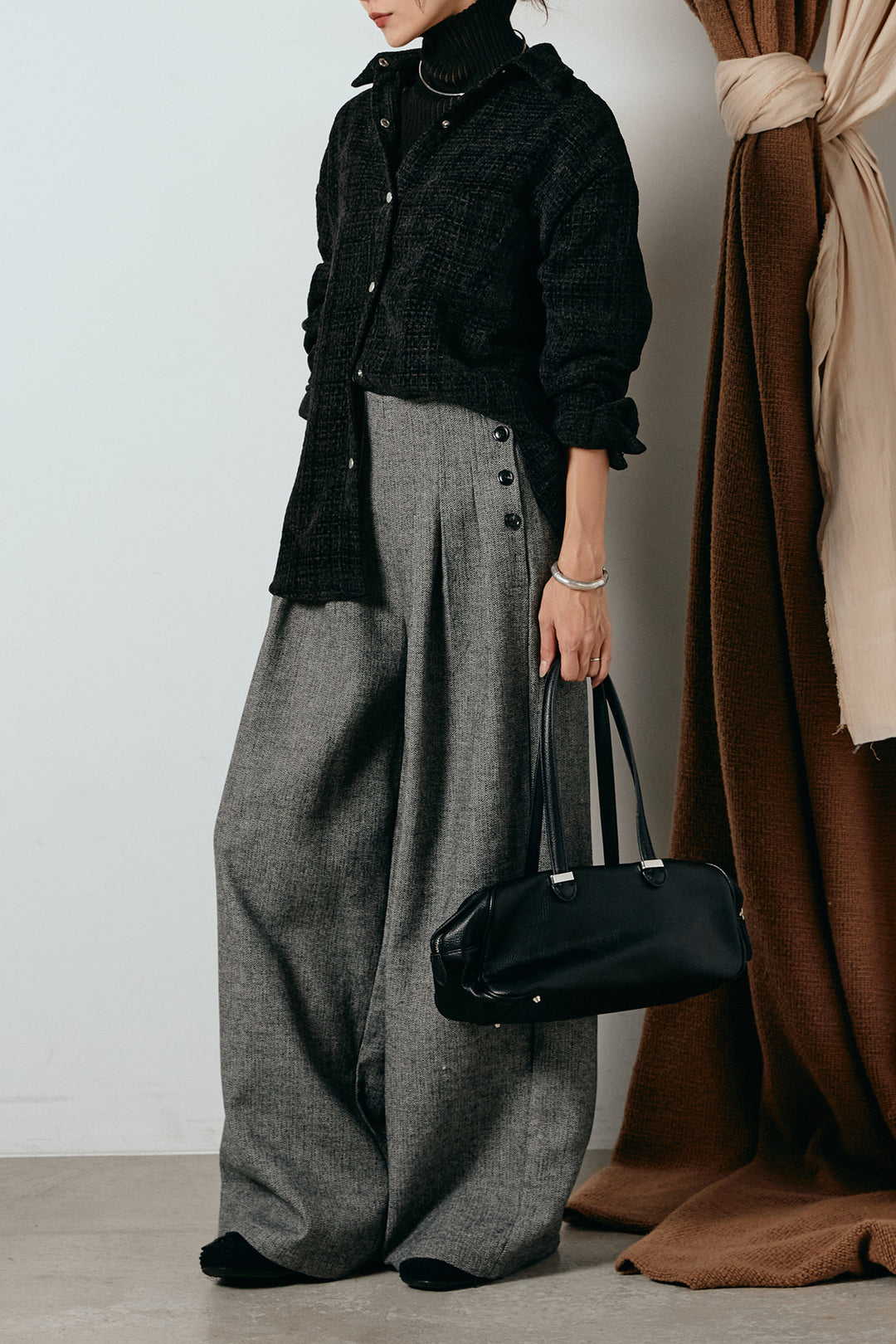 [SET]ルーズクラッシュツイルシャツ+リブニットシームレスタートルプルオーバー+サイドボタンツイードタックパンツ(3set)