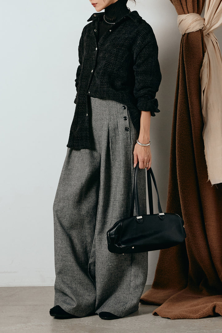 [SET]ルーズクラッシュツイルシャツ+リブニットシームレスタートルプルオーバー+サイドボタンツイードタックパンツ(3set)