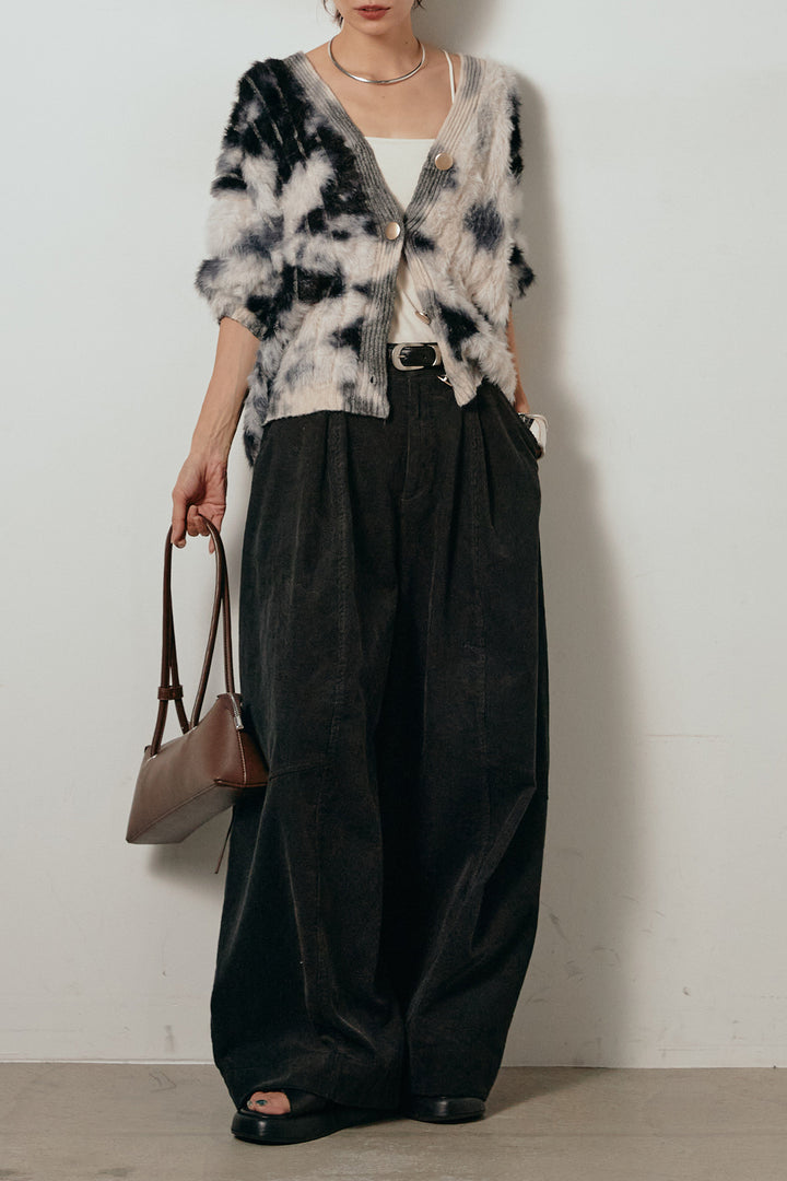 【着回しセット】[SET]タイダイ柄シャギーニットカーディガン+タック入りコーデュロイワイドパンツ+タイダイ柄シャギーニットカーディガン(3set)