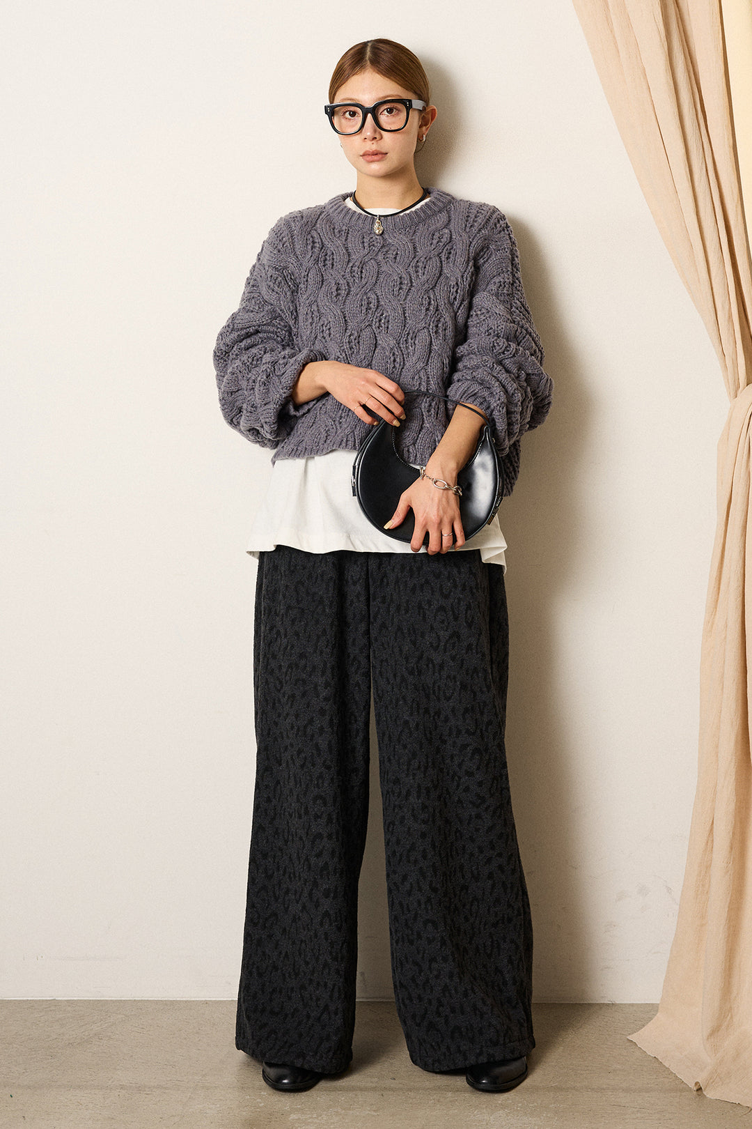 [SET]ケーブルリラックスショートニット+レオパードジャガードニットパンツ(2set)