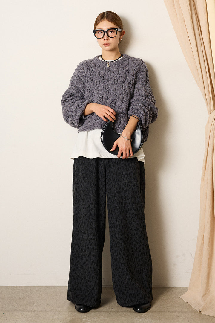 [SET]ケーブルリラックスショートニット+レオパードジャガードニットパンツ(2set)