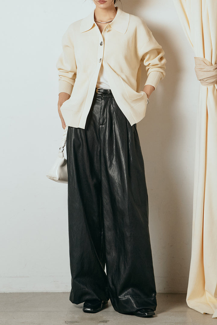 [SET]メタル釦衿付きニットカーディガン+ベルト付きレザーライクタックパンツ(2set)