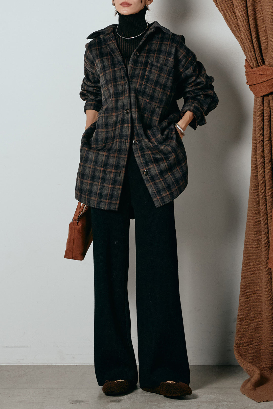 [SET]シャギーチェックシャツジャケット+ワイドリブニットイージーパンツ+リブニットシームレスタートルプルオーバー(3set)