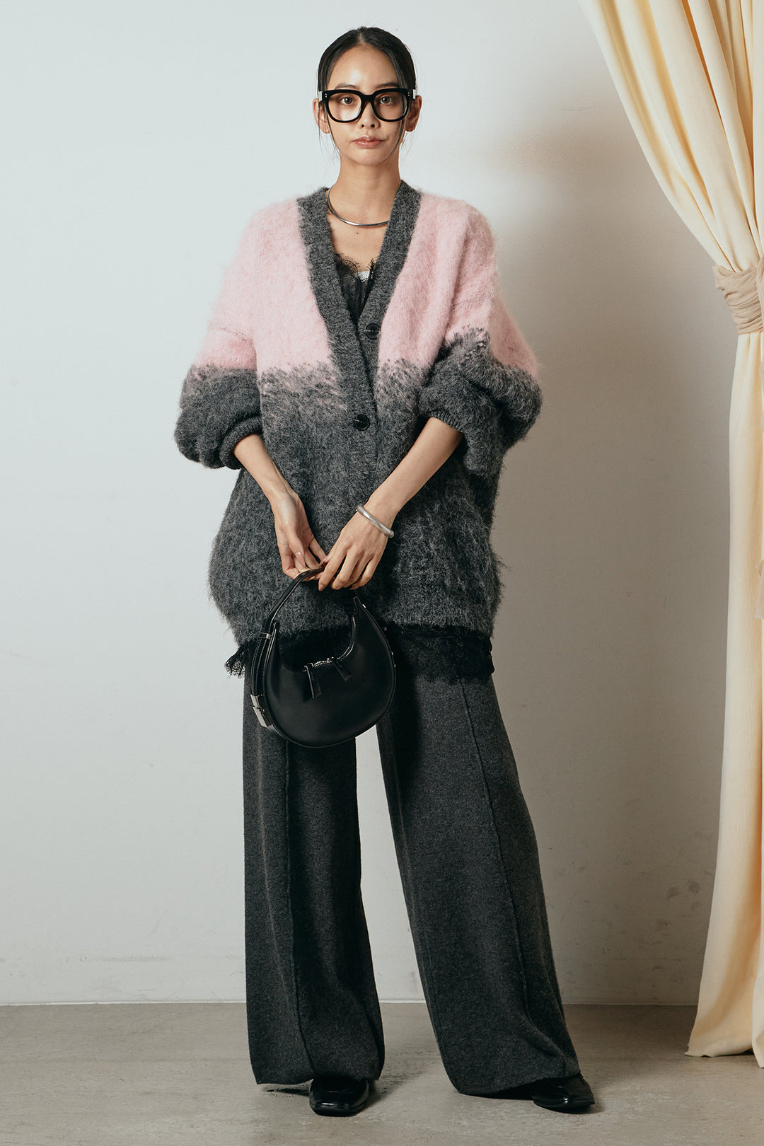 [SET]起毛グラデーションニットカーディガン+レース切り替えキャミソール+センターラインニットパンツ(3set)