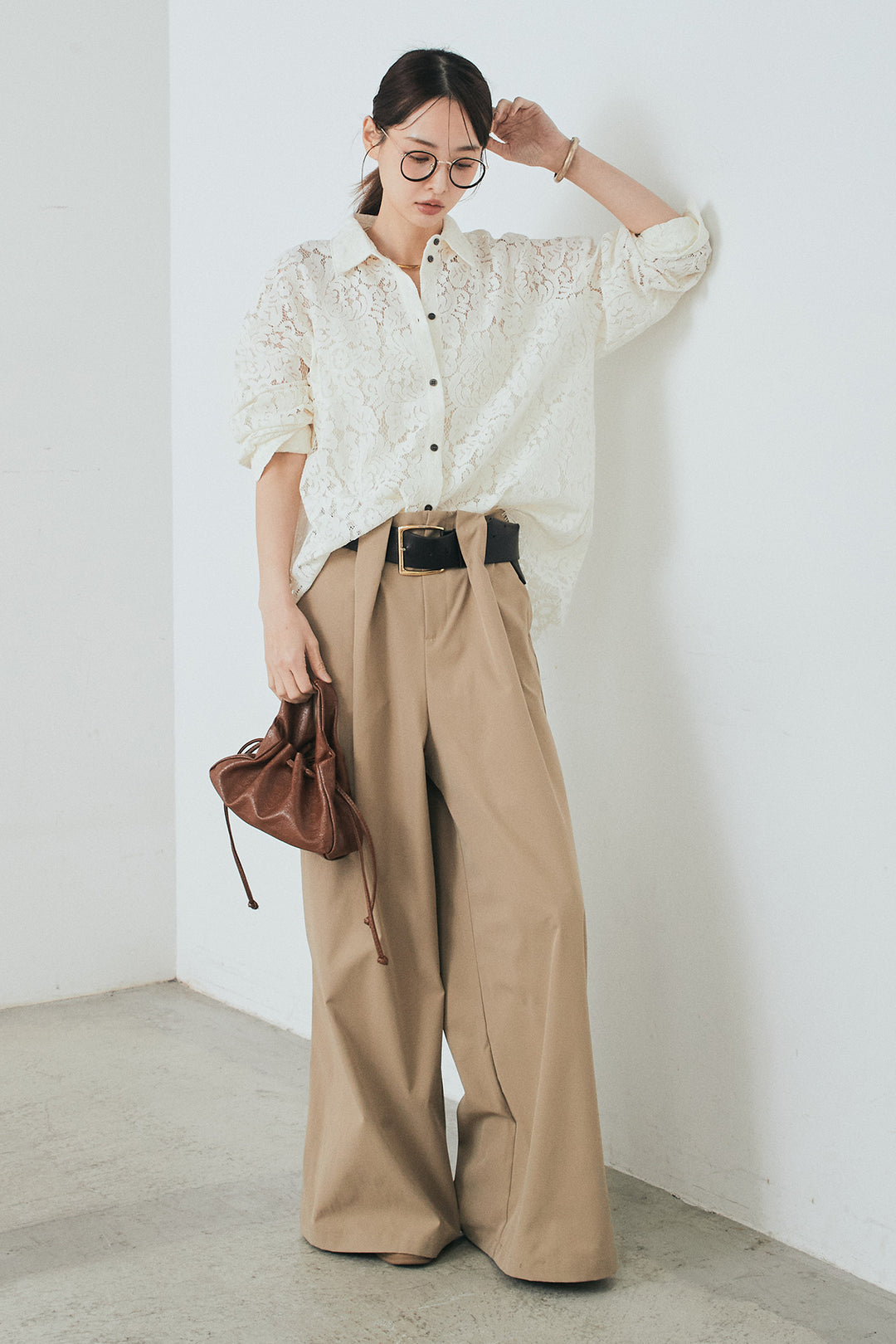 [SET]レース裾スカラップシャツ+ベルトループデザインハイウエストタックパンツ(2set)
