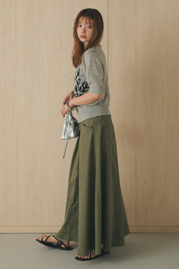 [SET]フロントテープデザイン半袖カーディガン+ミリタリーツイルタックフレアスカート(2set)