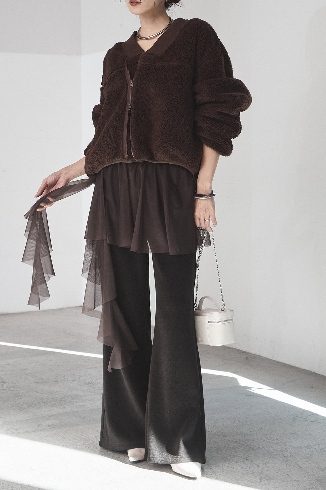 [SET]ノーカラーリブボアアウター+チュールレイヤードニットパンツ(2set)