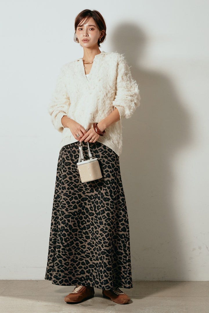 [SET]襟付きシャギーニットポロトップス+レオパードロングスカート(2set)