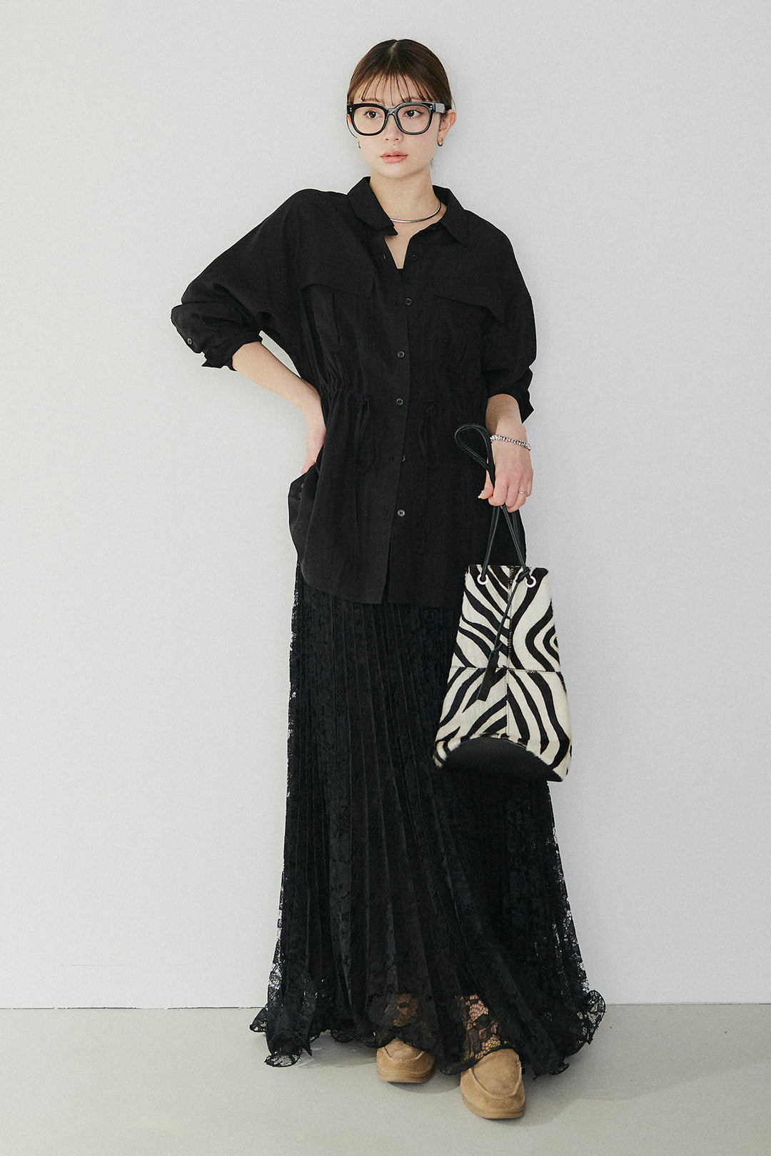 [SET]リネンブレンドシアーサファリシャツ+リラックスプリーツスカート(2set)