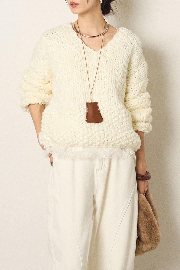 [SET]Vネックハンド編みニットトップス+レース切り替えキャミソール(2set)