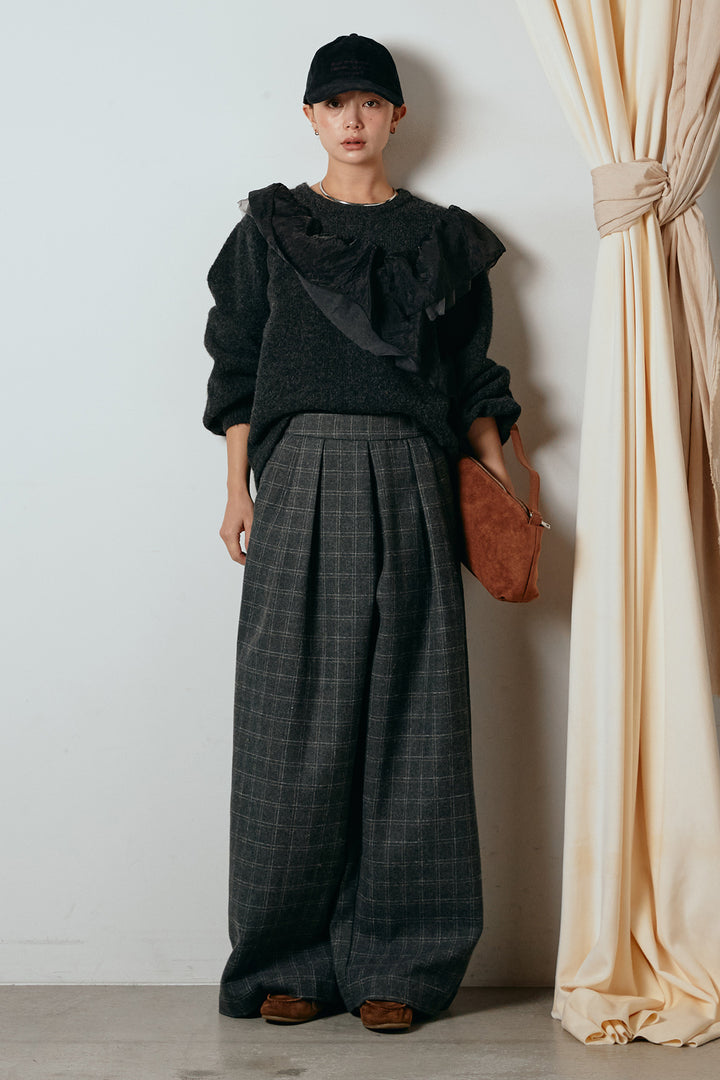 [SET]アシンメトリーフリルニットトップス+ウールライクチェックタックパンツ(2set)