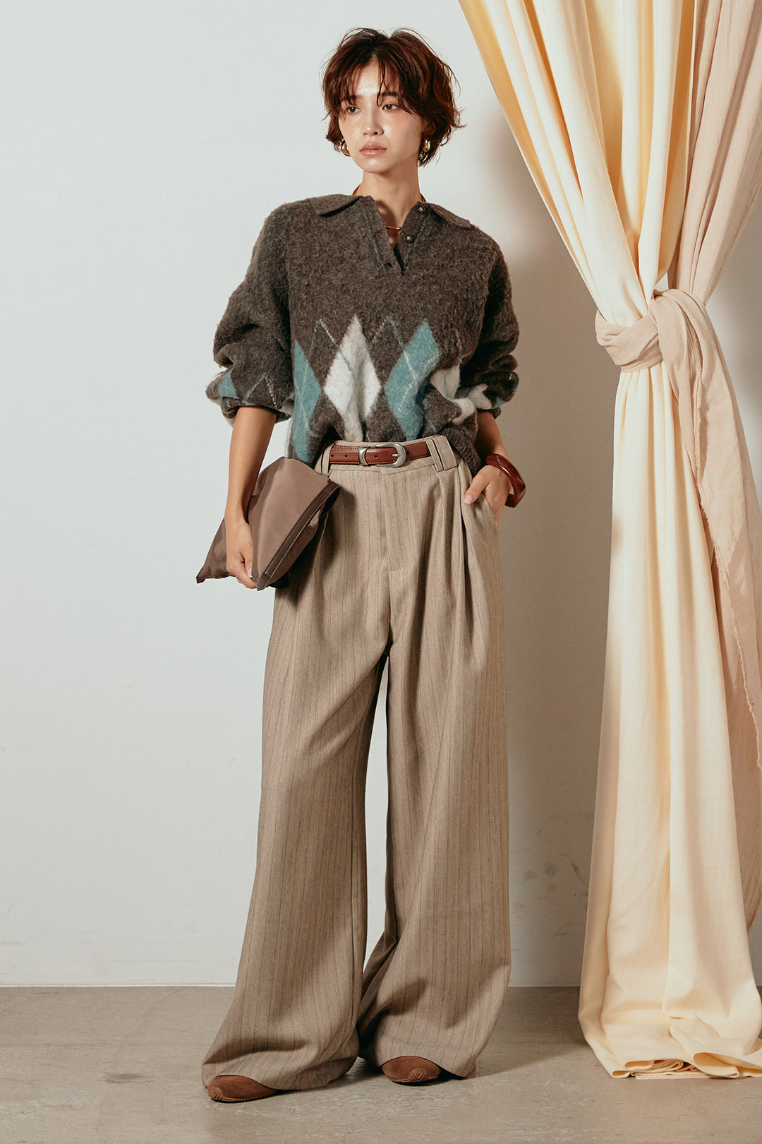 [SET]アーガイル柄ポロニットトップス+ストライプヘリンボーンパンツ(2set)