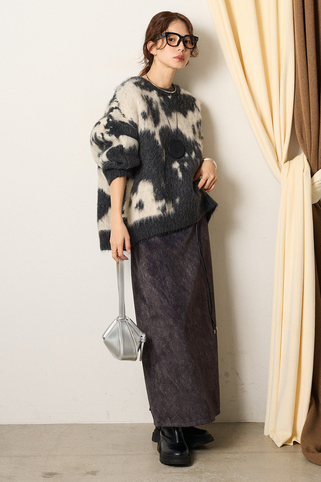 [SET]モヘアタッチマーブルニット+ロープベルト付きスウェード調スカート(2set)