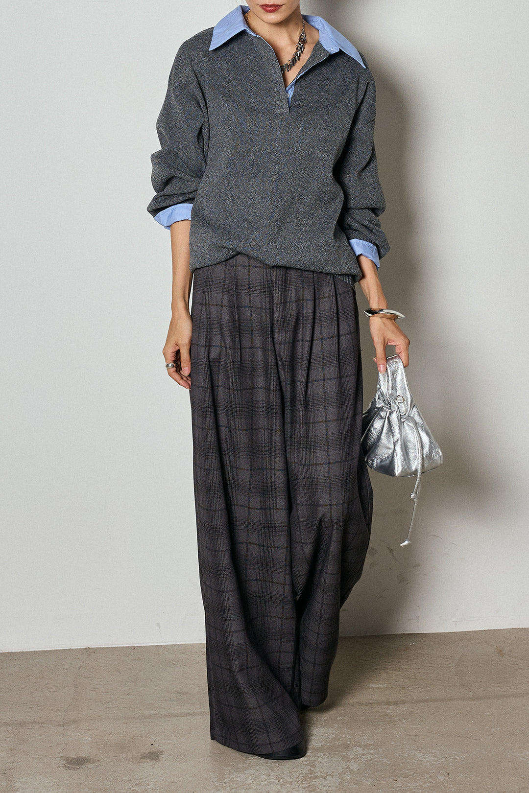 【即納】タック入りタータンチェックワイドパンツ