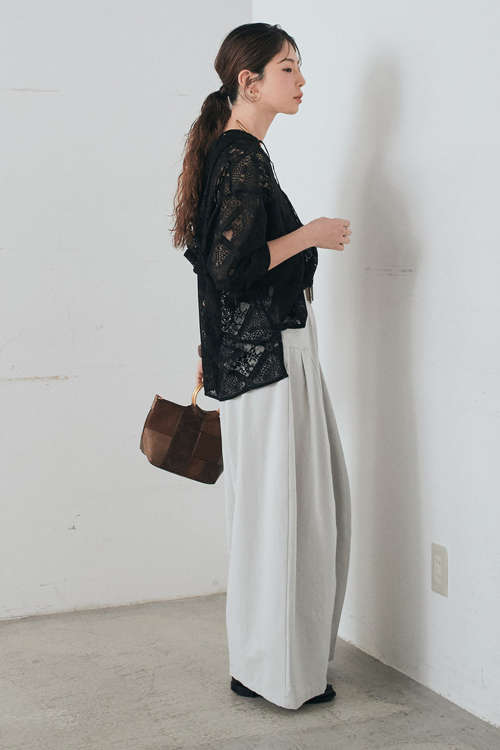 [SET]ブロックレースフード付きブラウス+ベルト付きサイドタックワイドパンツ(2set)