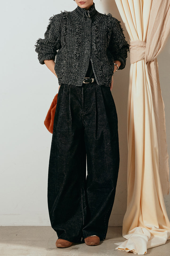 [SET]ハイネックフリンジジップニットトップス+フロントタック入りコーデュロイパンツ(2set)