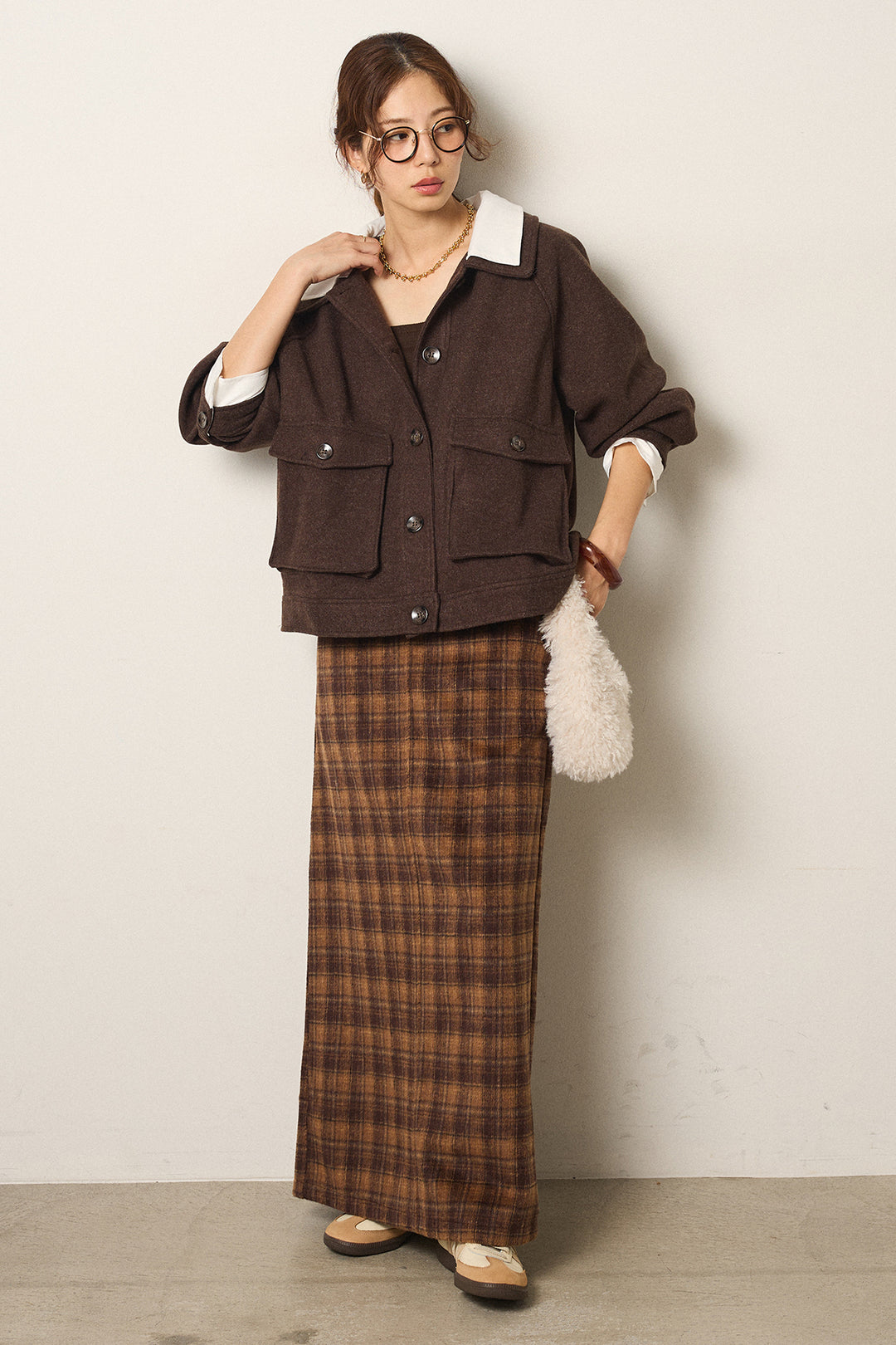 [SET]衿レイヤードフェイクウールジャケット+シャギーチェックストレートスカート(2set)