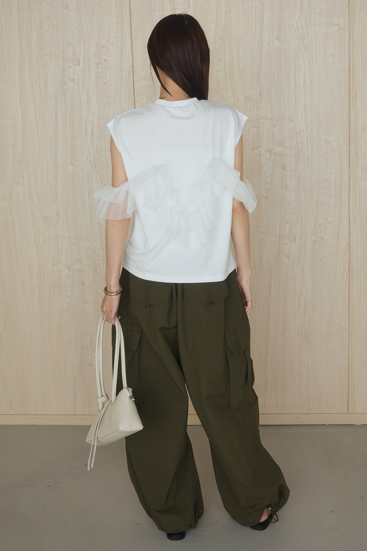 [SET]チュールフリルフレンチTシャツ+ルーズカーゴワイドパンツ(2set)