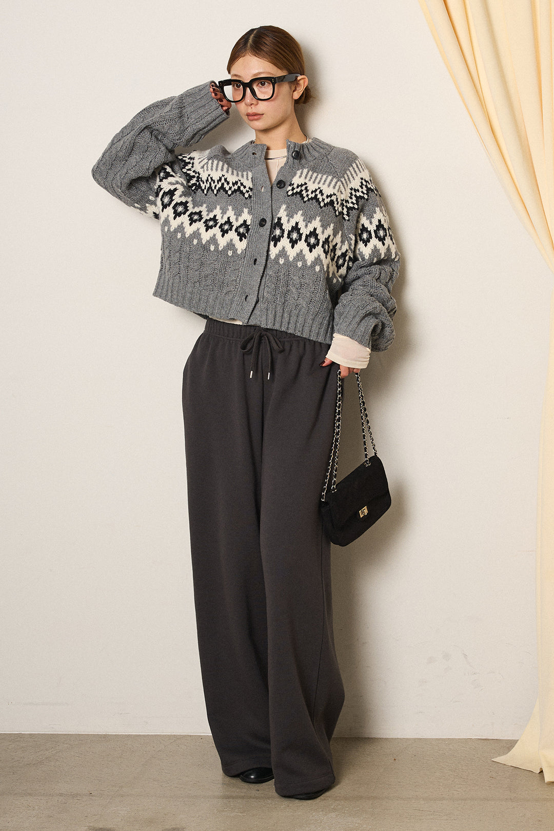 [SET]2WAY求心柄ジャガードショートカーディガン+裏起毛スウェットワイドパンツ+2WAY袖コード刺繍クルーネックプルオーバー(3set)