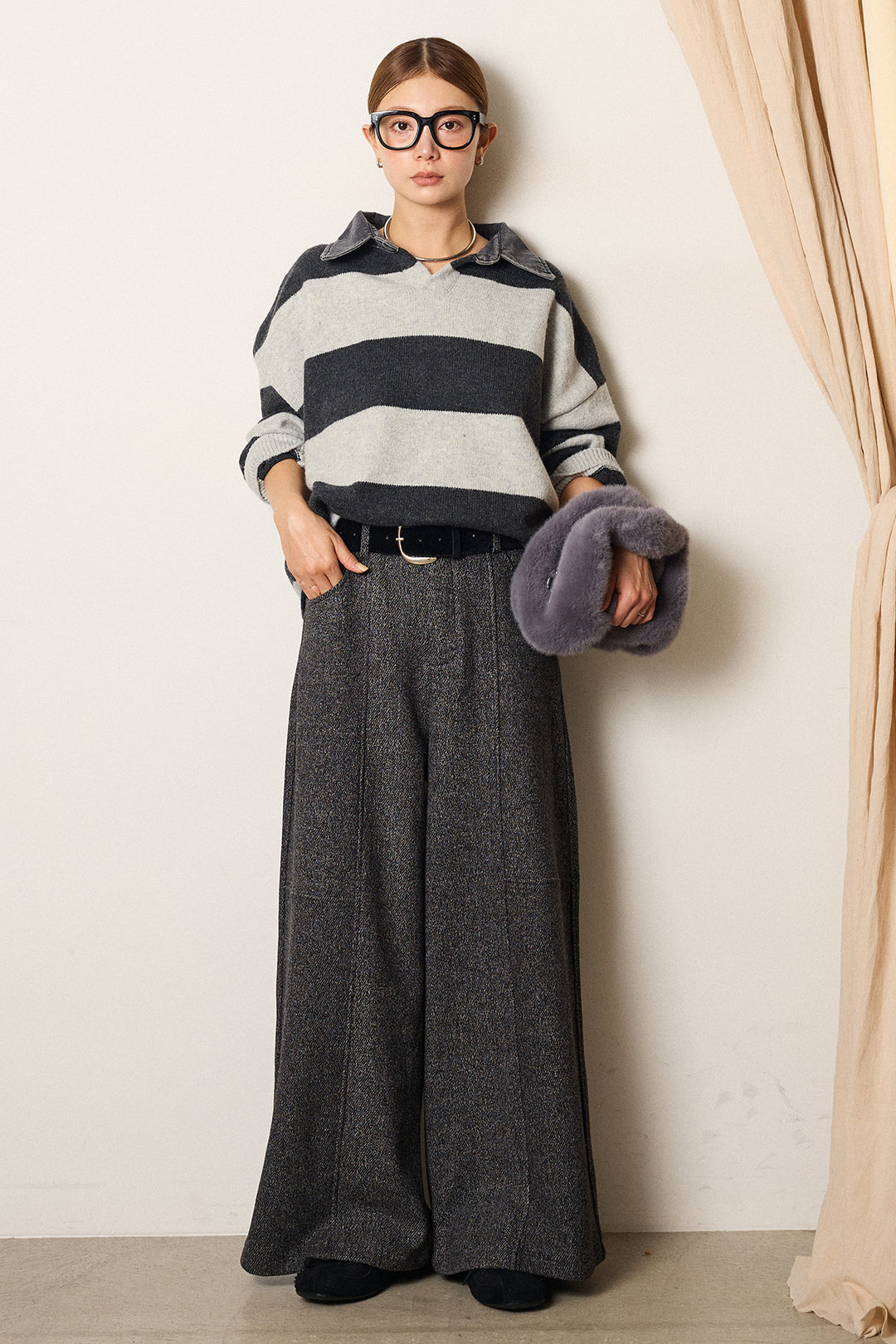[SET]デニムカラーボーダールーズニット+太ベルト付きツイードワイドパンツ(2set)