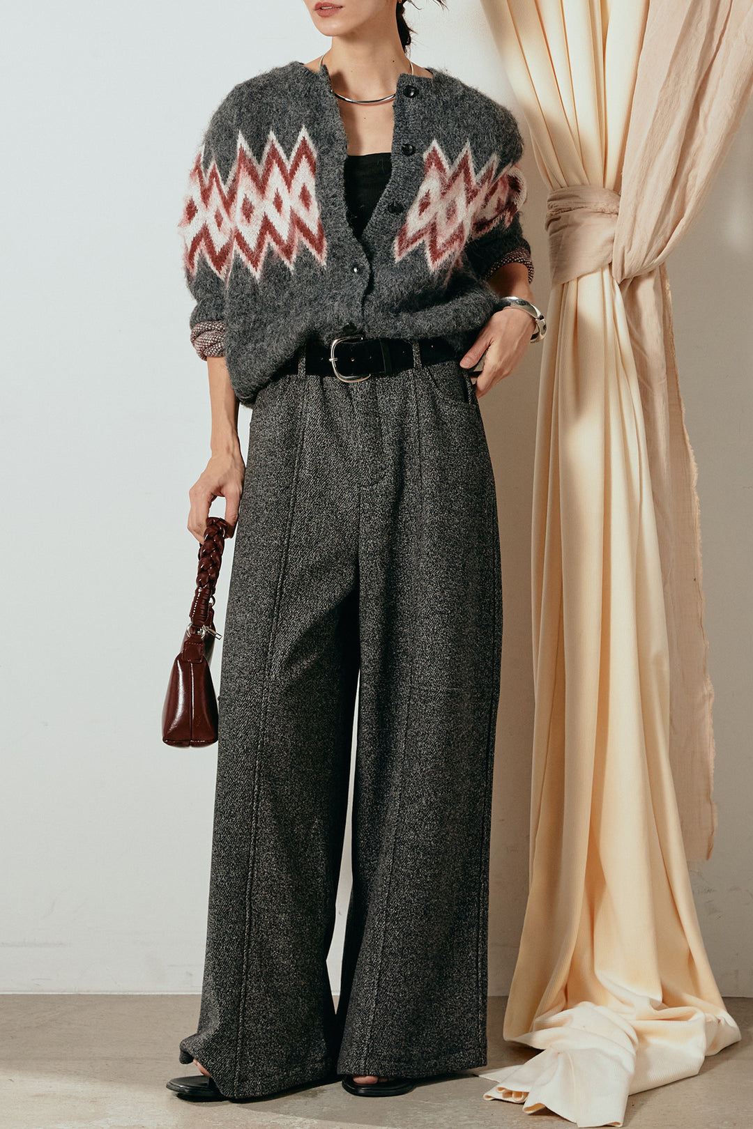 [SET]起毛ノルディック柄ニットカーディガン+太ベルト付きツイードワイドパンツ(2set)