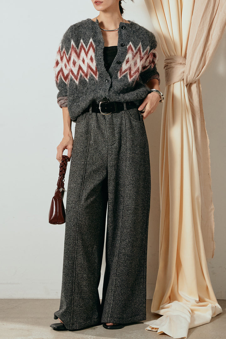 [SET]起毛ノルディック柄ニットカーディガン+太ベルト付きツイードワイドパンツ(2set)